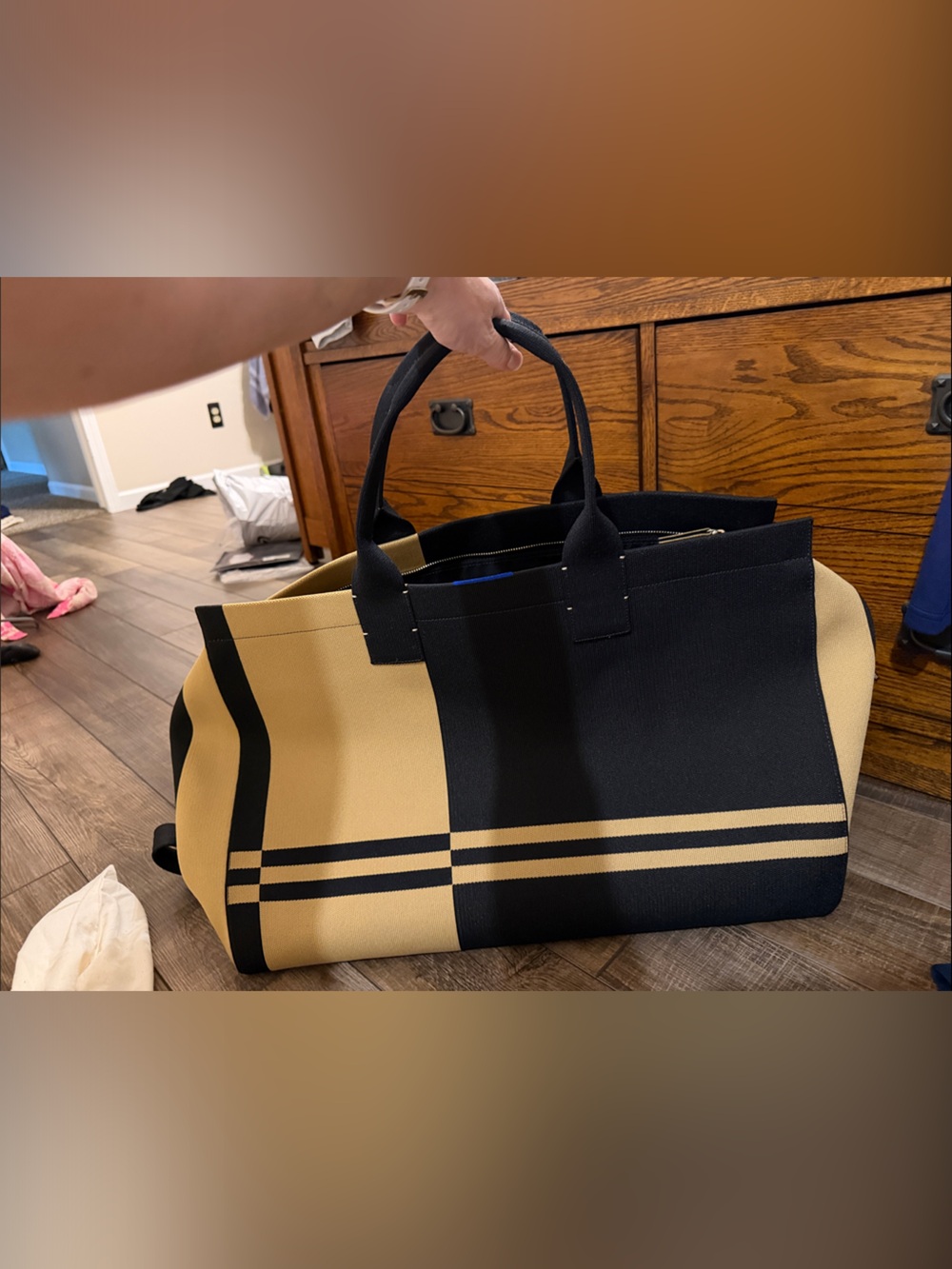 Rothy's Black and Tan Striped Canvas Tote